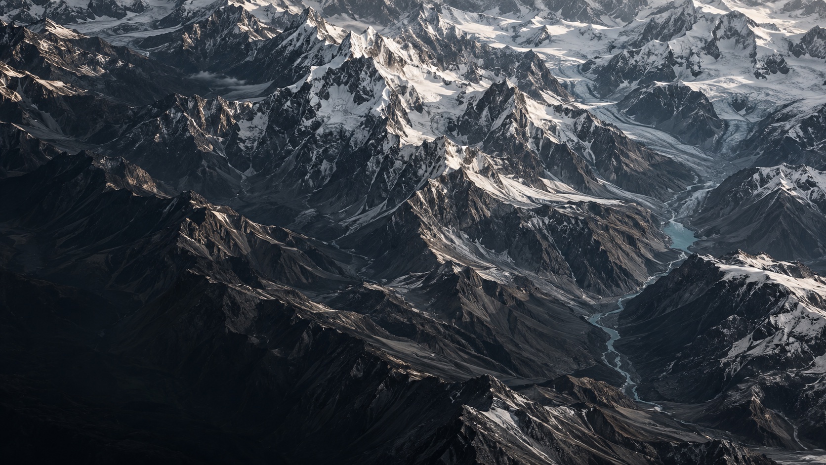 Illustrative aerial view of immense snow-covered mountain ridges and a glacial river